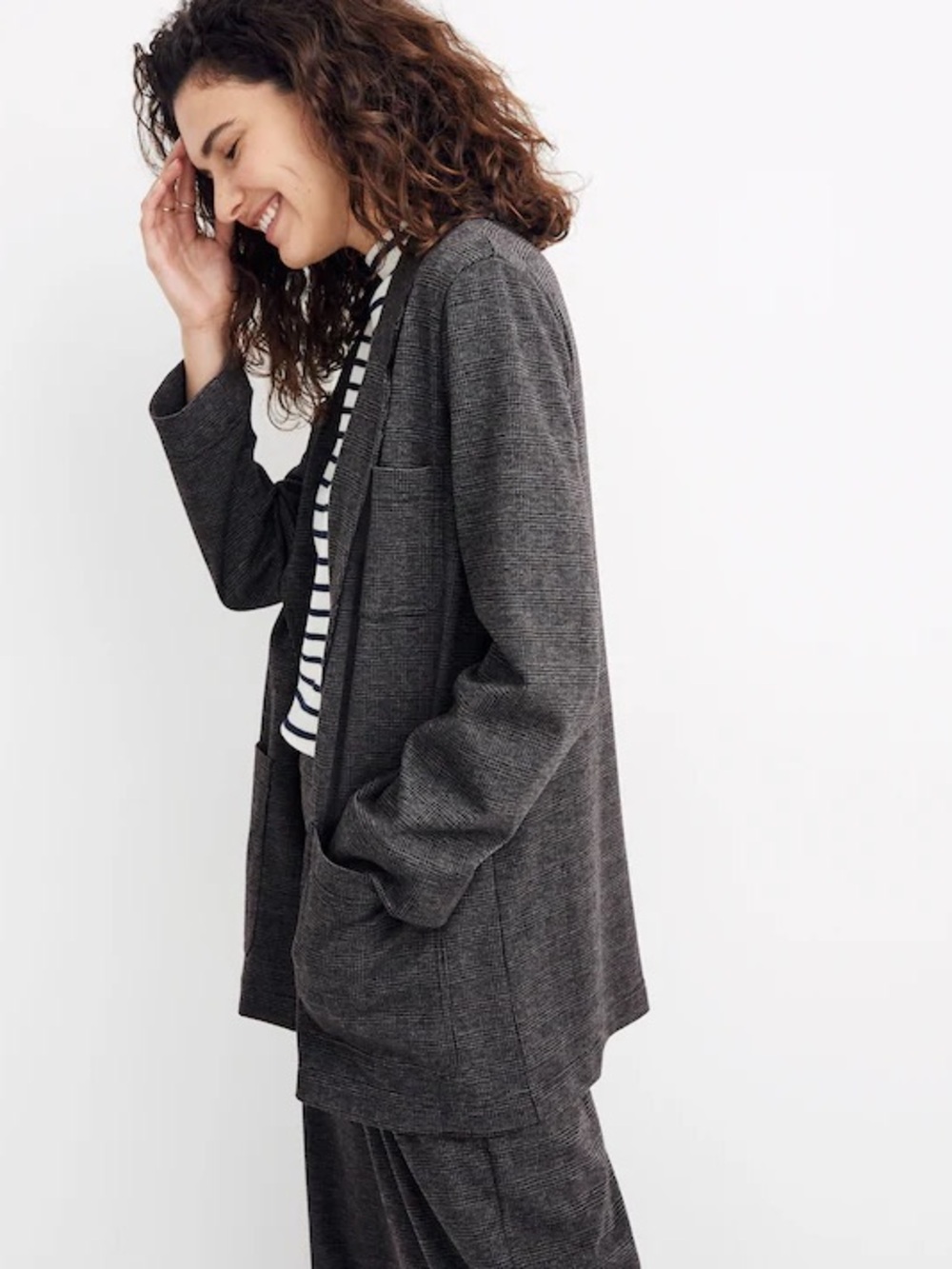 Madewell oversized knit blazer long gravel glen plaid cardigan gray